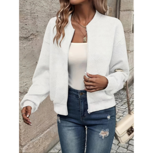 Womens Bomber Jacket Coat Casual Textured Stand Collar Zip Up Fall Fashion Jackets